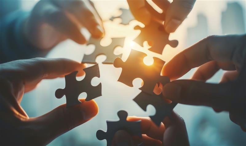 Team collaboration concept with people joining puzzle pieces together