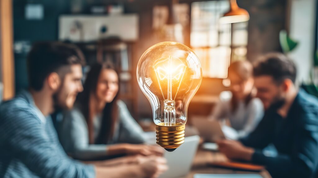 Glowing lightbulb representing innovation and creative ideas during team collaboration