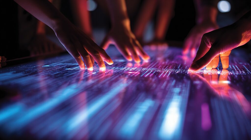 Hands interacting with futuristic digital data interface and technology visualization
