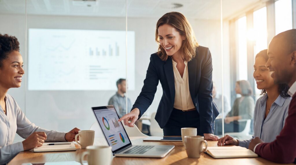 Business leader presenting project analytics to team during strategy meeting