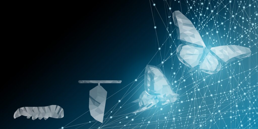 Digital transformation concept with abstract butterflies and connected network nodes