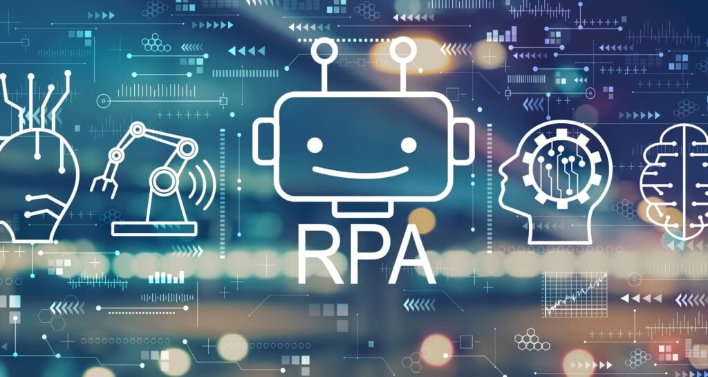 Robotic process automation concept showing AI robot icon with automation and technology symbols